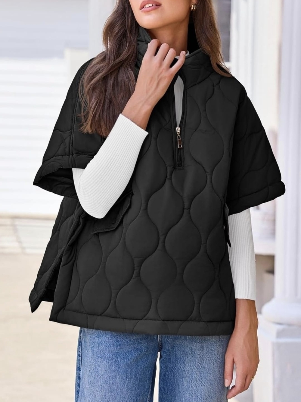 Women's Oversized Pullover Quilted Puffer Poncho Short Sleeve Half Zipper Jacket
